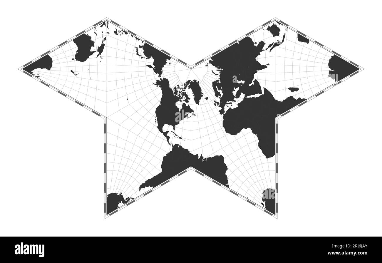 Vektor-Weltkarte. Gnomonische Schmetterlingsprojektion. Einfache geografische Weltkarte mit Breiten- und Längengraden. Zentriert auf 60 Grad E Länge. Stock Vektor