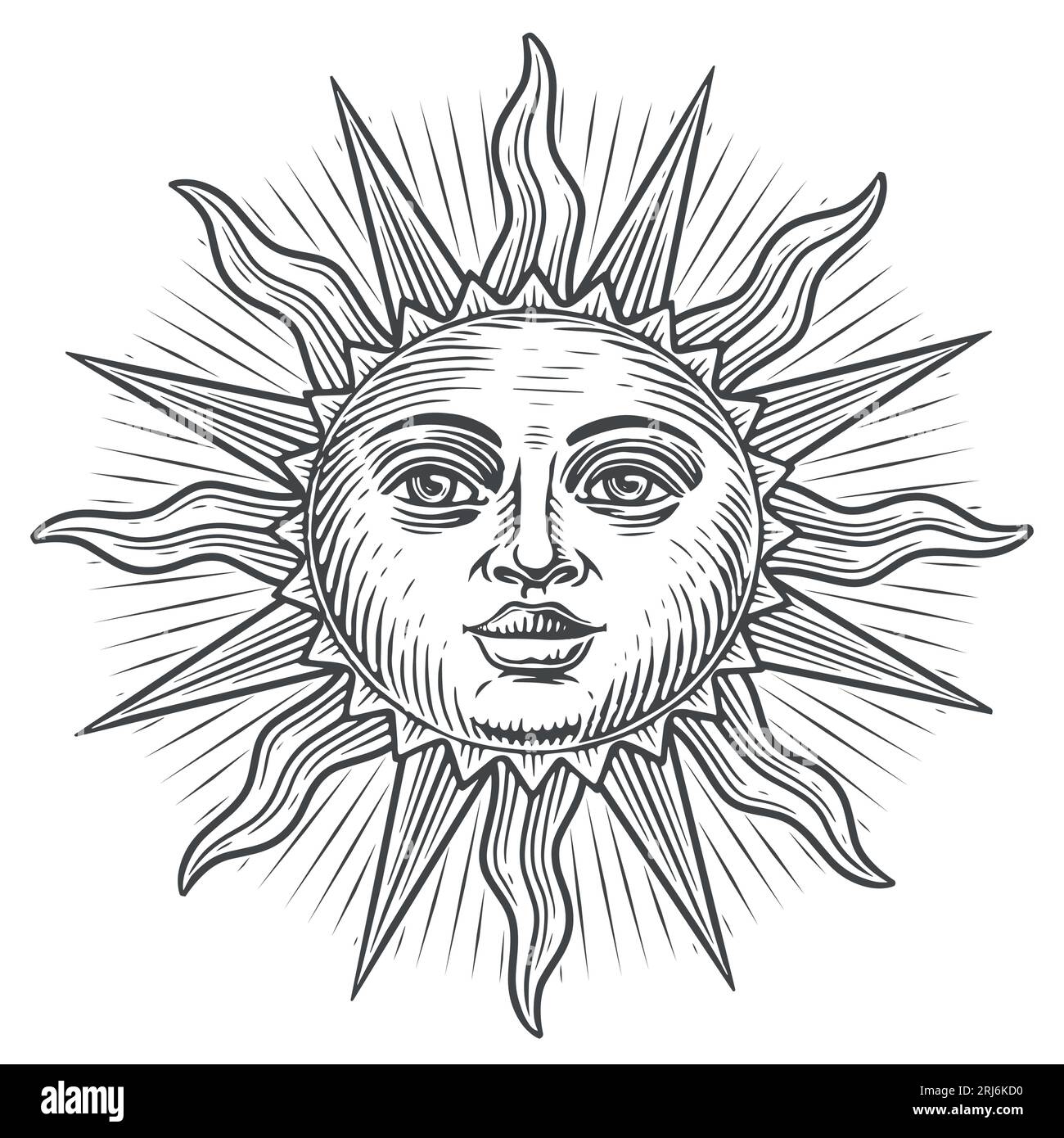Boho-Sonne mit Gesicht. Astrologie, Sonnensymbol. Esoterisches und okkultes Zauberzeichen. Gravur Vintage Vektor Illustration Stock Vektor
