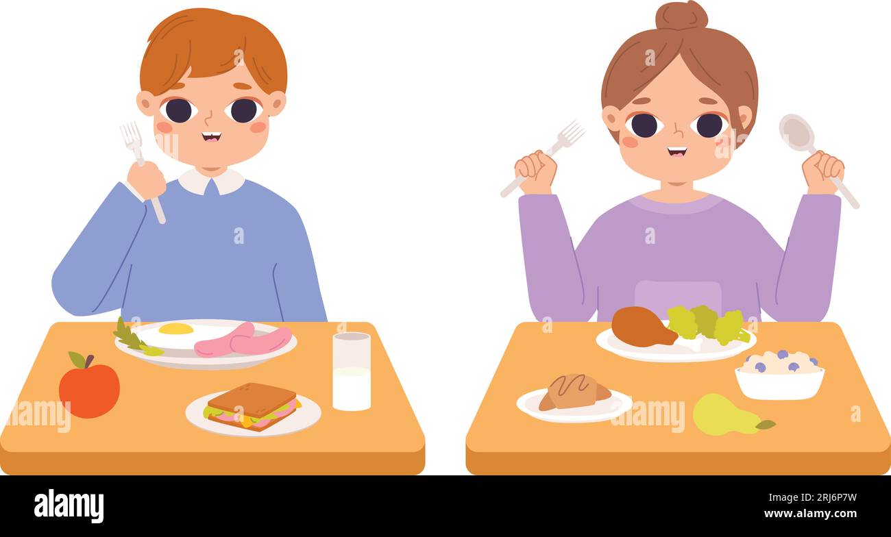 Kinder essen Frühstück oder Mittagessen mit Obst. Apfel, Wurst und Sandwich, gesundes Abendessen für Kinder. Cartoon-Junge und -Mädchen essen eine schöne Vektorszene Stock Vektor