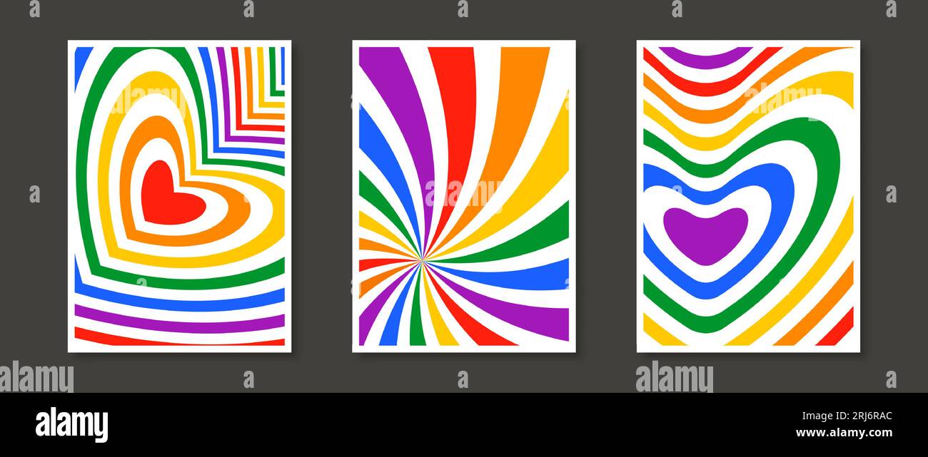 Design-Set mit Herz- und Sonnendruckmuster. Abstrakte, farbenfrohe Plakatkollektion. Geometrische psychedelische Tapetenpackung. Pride Month- und lgbt-Konzeptvorlagen. Vektorillustration Stock Vektor