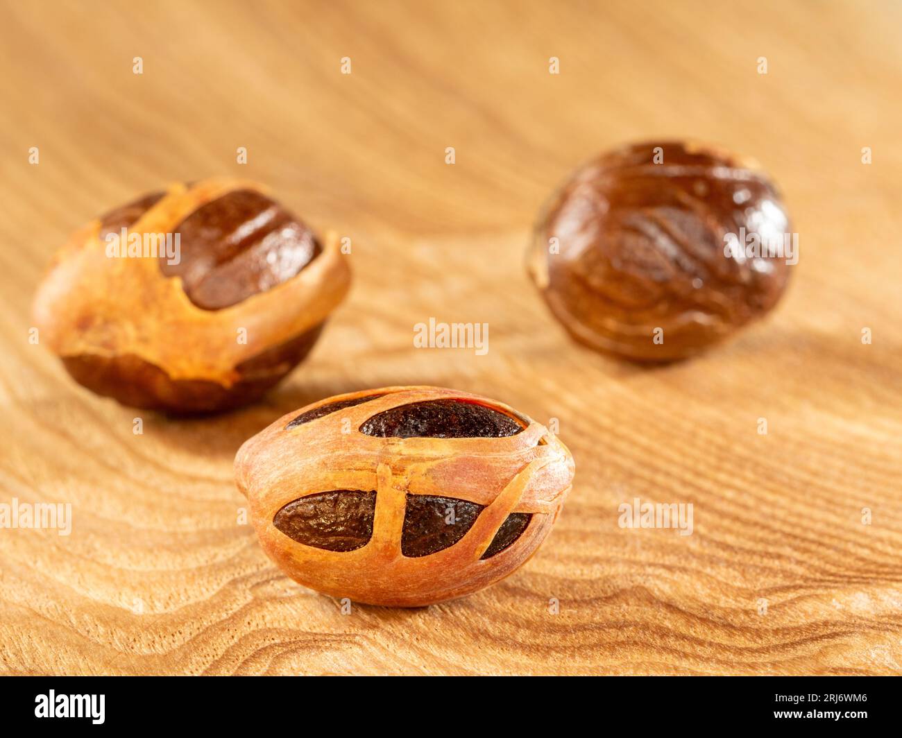 Drei Nüsse auf hellem hölzernem Hintergrund. Nahaufnahme Stockfoto