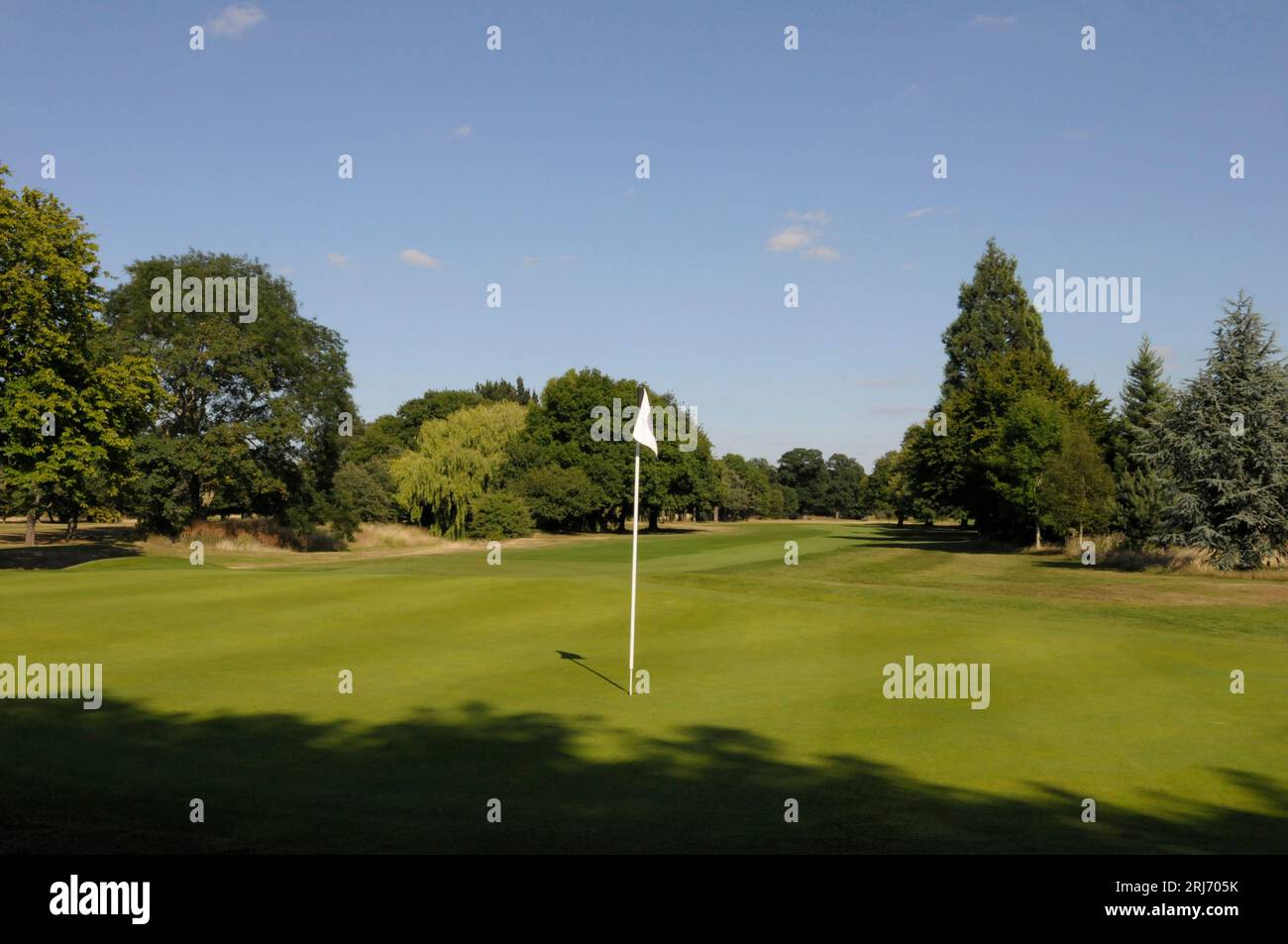 Blick zurück über 18th Green, Ashford Manor Golf Club, Ashford, Middlesex, England Stockfoto