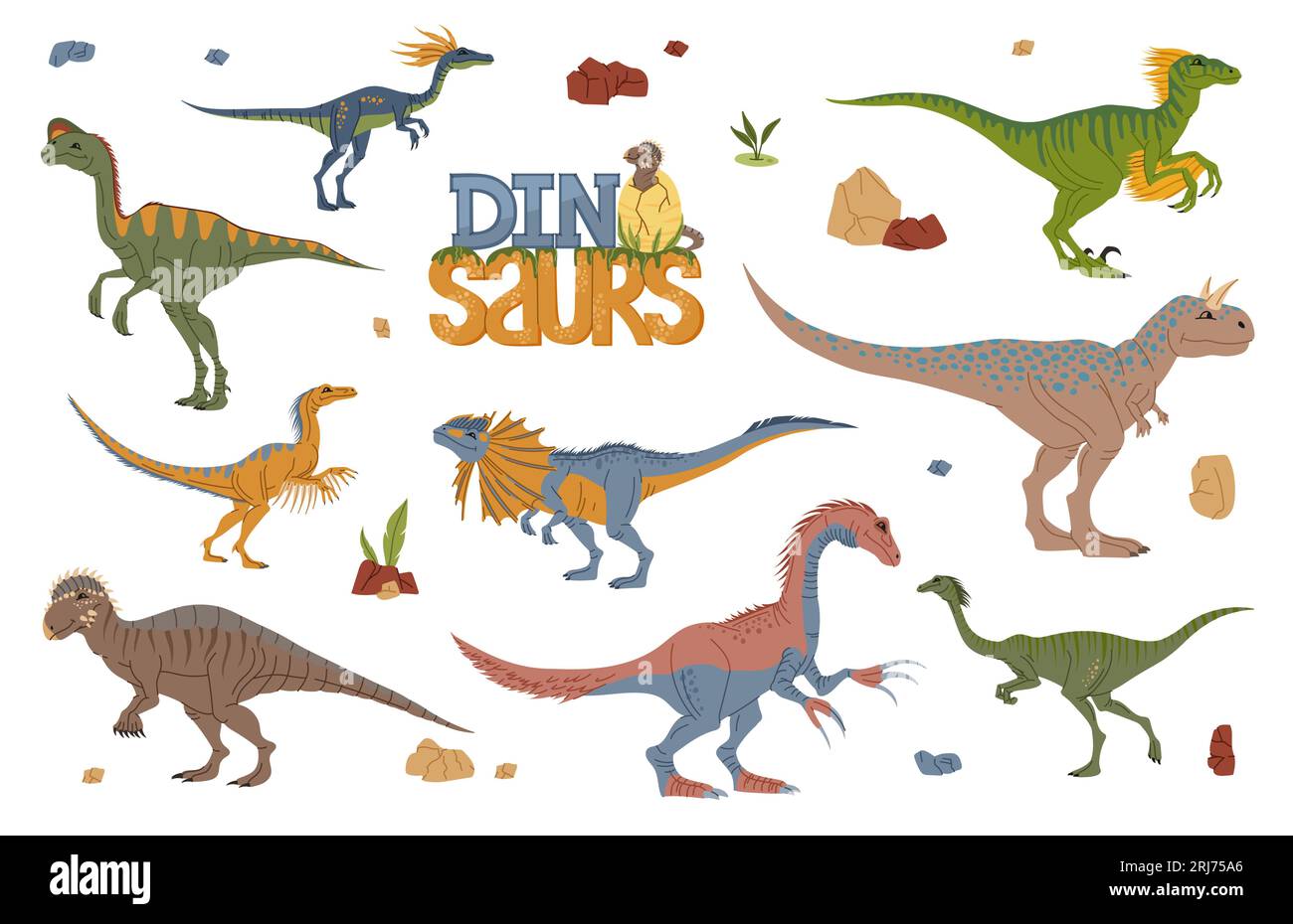 Zeichentrick-Dinosaurier, süße Baby-Dino und Ei. Vektorpersönlichkeiten prähistorischer Tiere mit vulkanischen Steinen. Carnotaurus, therizinosaurus, Ovir Stock Vektor