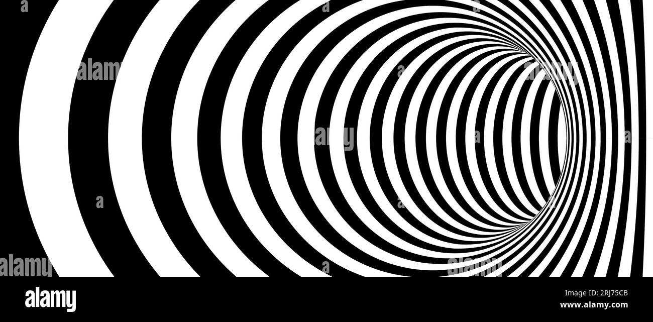 Optisches Illusionswurmloch. Gestreifter geometrischer, unendlicher Tunnelhintergrund. Schwarz-weiß abstrakte hypnotische Lochform. Vector OP-Illustration Hintergrund Stock Vektor