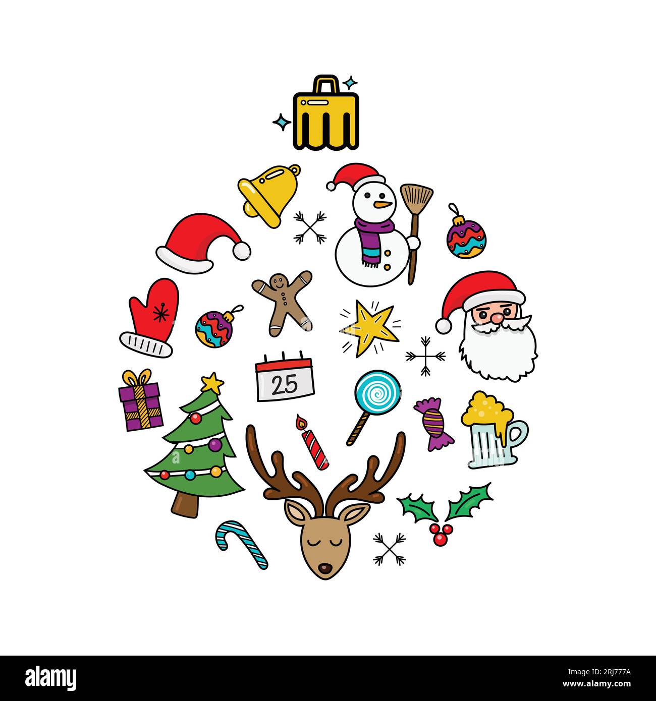 Weihnachtskritzel-Farbelemente in Form eines weihnachtskugels. Handgezeichnete Vektorillustration Stock Vektor