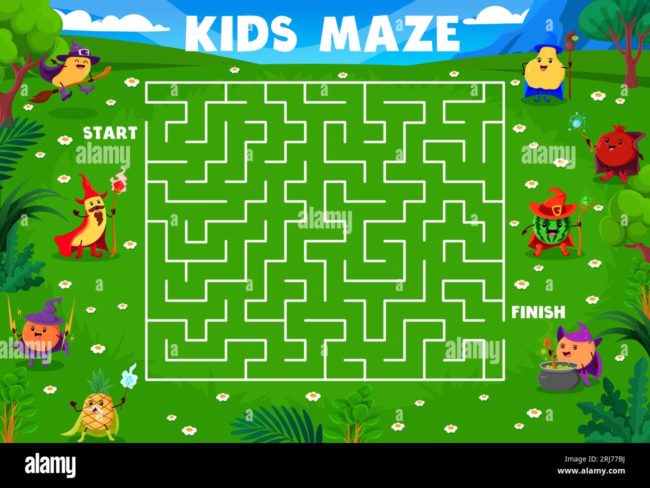 Halloween Labyrinth Labyrinth Spiel. Helfen Sie Obstmagiern und Magier, einen Trank zu finden. Labyrinth-Vektor-Arbeitsblatt mit Mango, Banane, Guave, Granatapfel A Stock Vektor