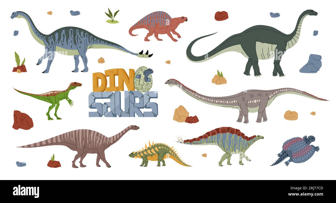 Zeichentrick-Dinosaurier-Figuren, Vektortiere prähistorischer Monster und süße Baby-Dino-Figuren. Glücklicher Melanorosaurus, Etoraptor, henodus und Lotosaurus, Stock Vektor