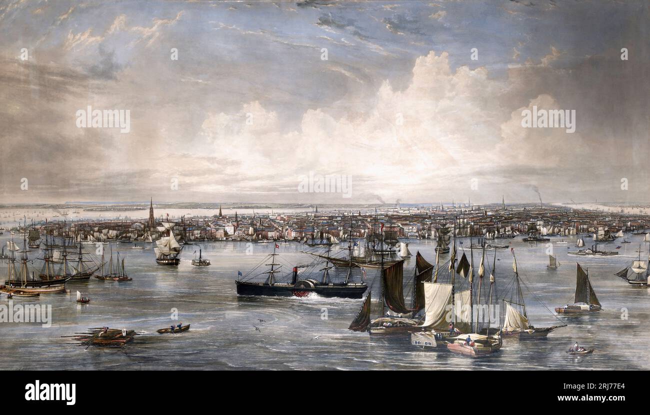 New York um 1855 von dem britischen Künstler John William Hill, 1812–1879. Nach einem Druck aus dem 19. Jahrhundert. Stockfoto
