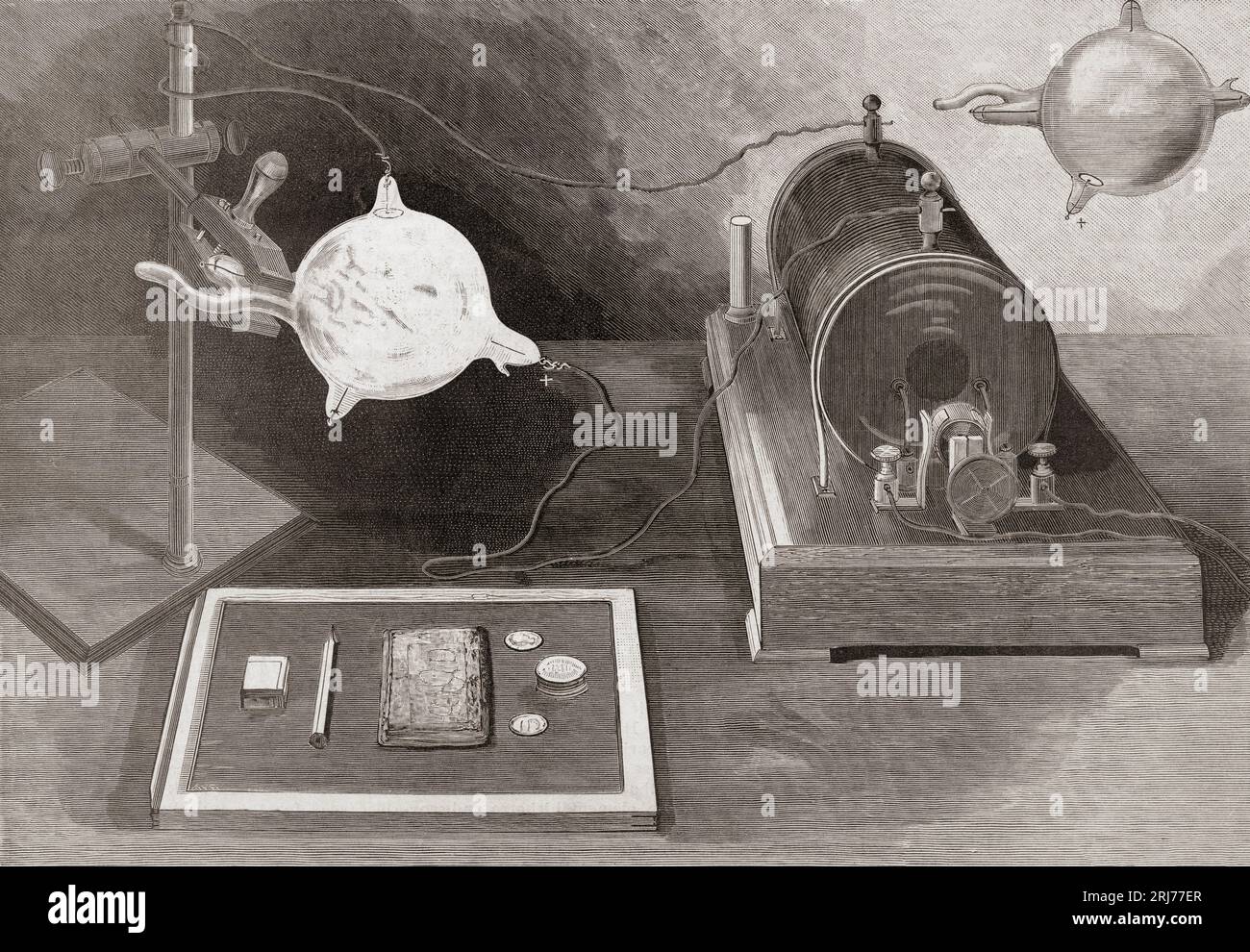 Aufbau für Röntgen-Fotografie, entworfen 1896 vom amerikanischen Physiker Professor Arthur Williams Wright, 1836–1915. Wright produzierte ein Röntgen-Foto, nur einen Monat nachdem der deutsche Wissenschaftler Wilhelm Conrad Röntgen, 1845–1923, die Wellenlängenphänomene beschrieben hatte, eine Leistung, die ihm den Nobelpreis für Physik einbrachte. Stockfoto