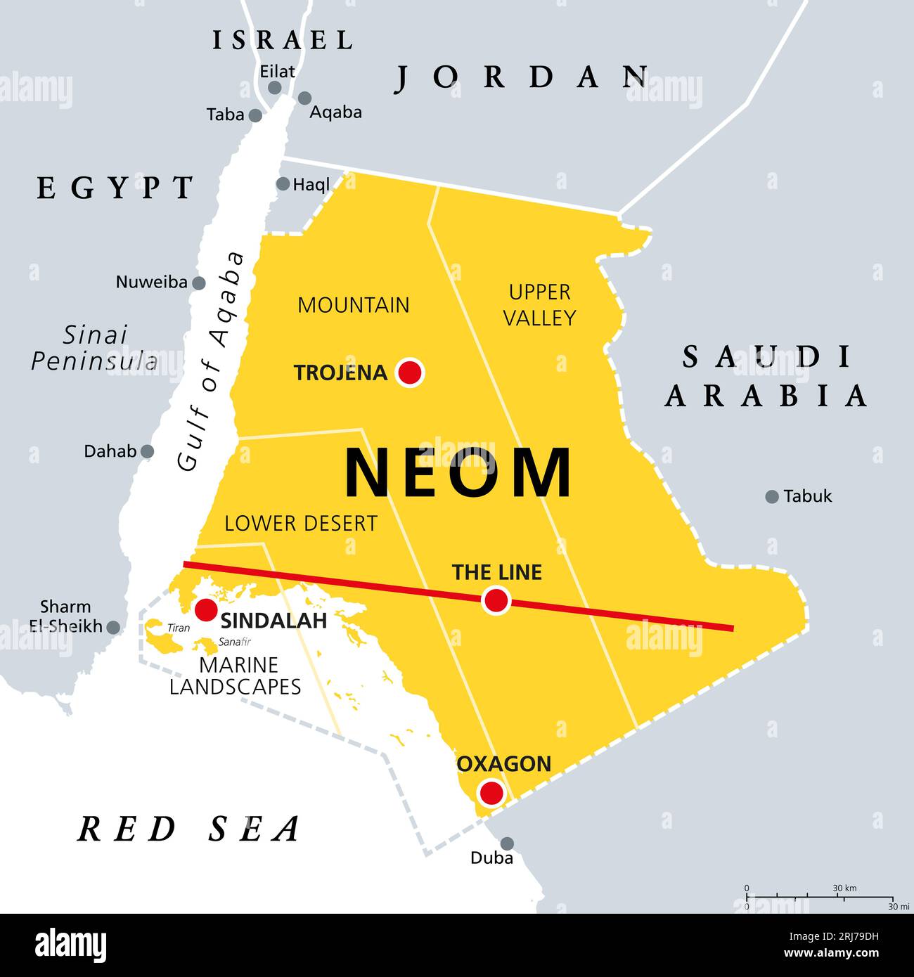 NEOM, Regionen und Orte, graue politische Karte. Geplante lineare intelligente Stadt (The Line) in Saudi-Arabien (Provinz Tabuk) mit vier Regionen. Stockfoto