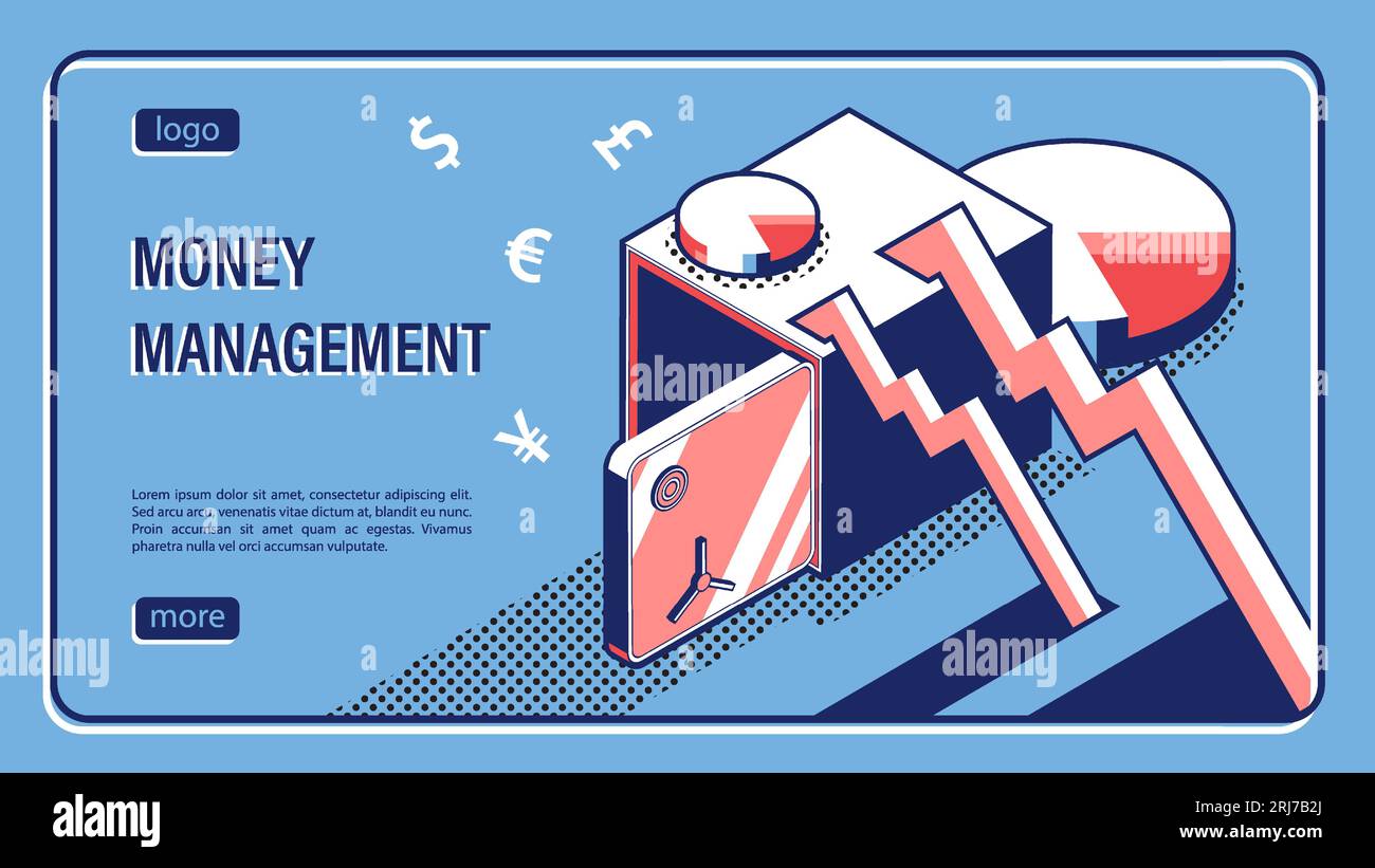 Isometrische Landingpage, Tresor mit Diagrammen und Diagrammen öffnen. Geldmanagement. Effektive Verwaltung von Erträgen und Aufwendungen des Unternehmens. Isometrisch Stock Vektor
