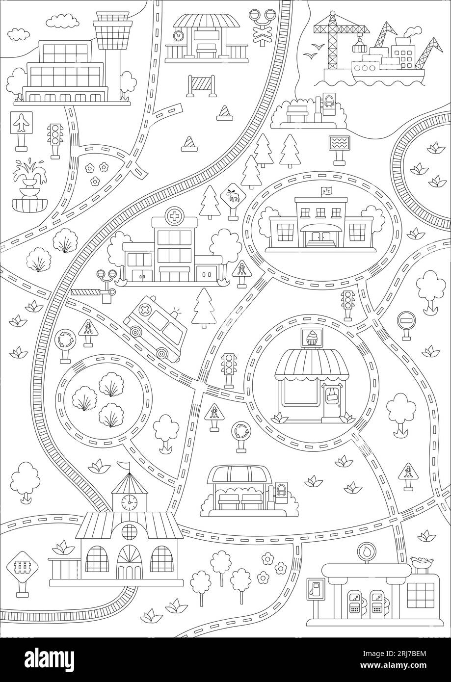 Schwarz-weiß-Karte der Stadt mit Straßen und Eisenbahn. Linie leerer Hintergrund mit Schienen, Verkehrsschilder für Kinder. Vektor-Infografik-Elemente ohne Transpo Stock Vektor