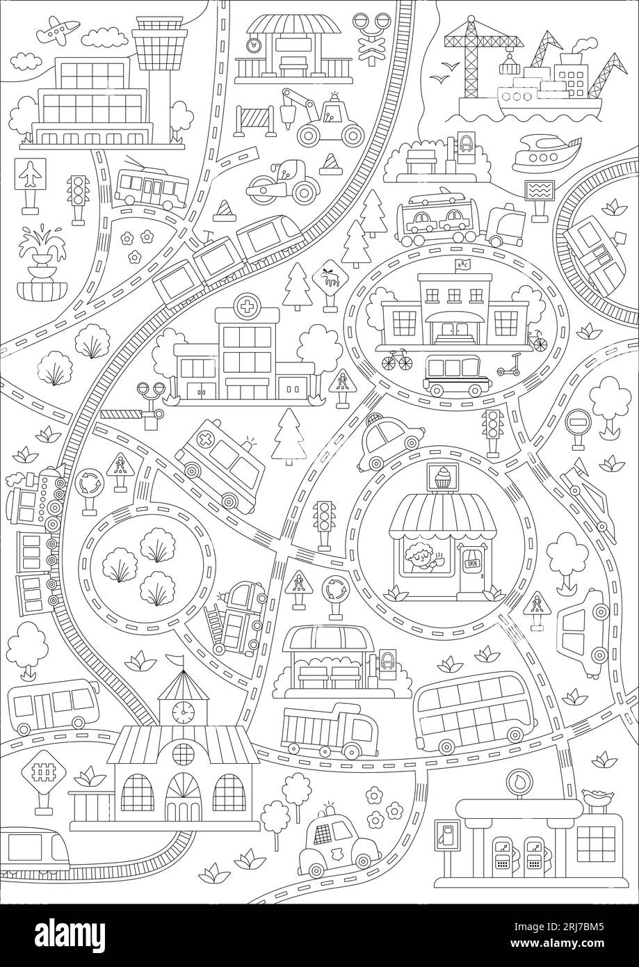 Schwarz-weiß-Transportkarte der Stadt. Line Background mit Bahn, Straßen, Verkehrsschildern für Kinder. Vektor-Infografik-Elemente mit Zug, Autos, Straßenbahn, T Stock Vektor