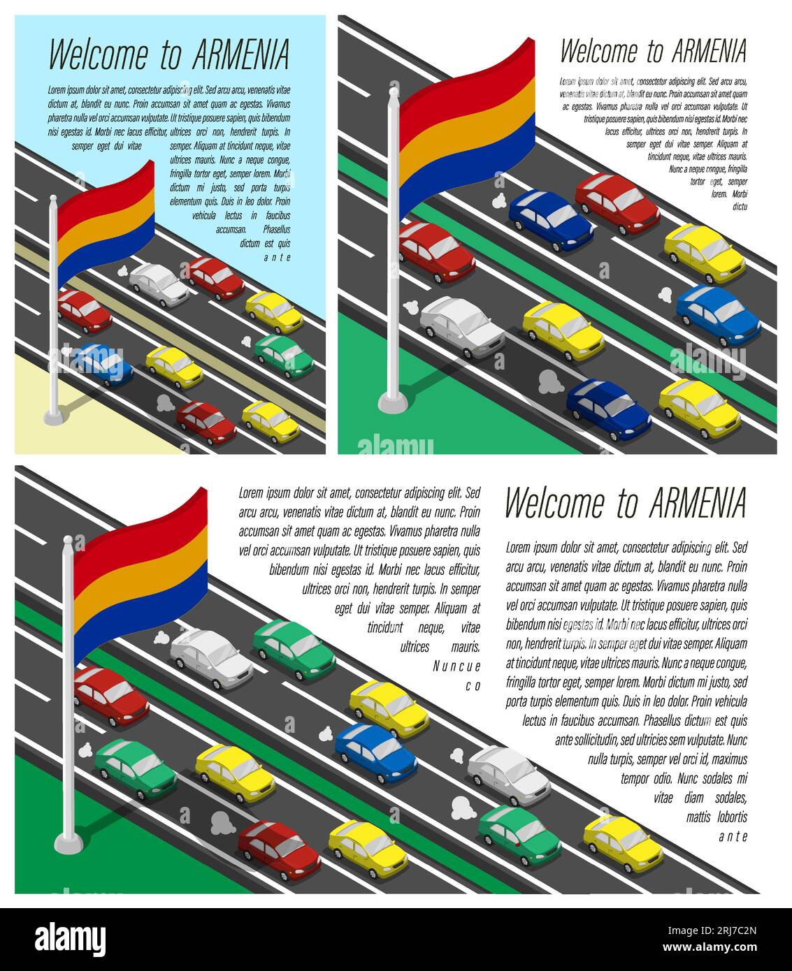Isometrische Flagge Armeniens auf Fahnenmast flatterndem Wind. Überquerung der armenischen Landesgrenze mit dem Auto. Informationssatz horizontal, quadratisch und V Stock Vektor