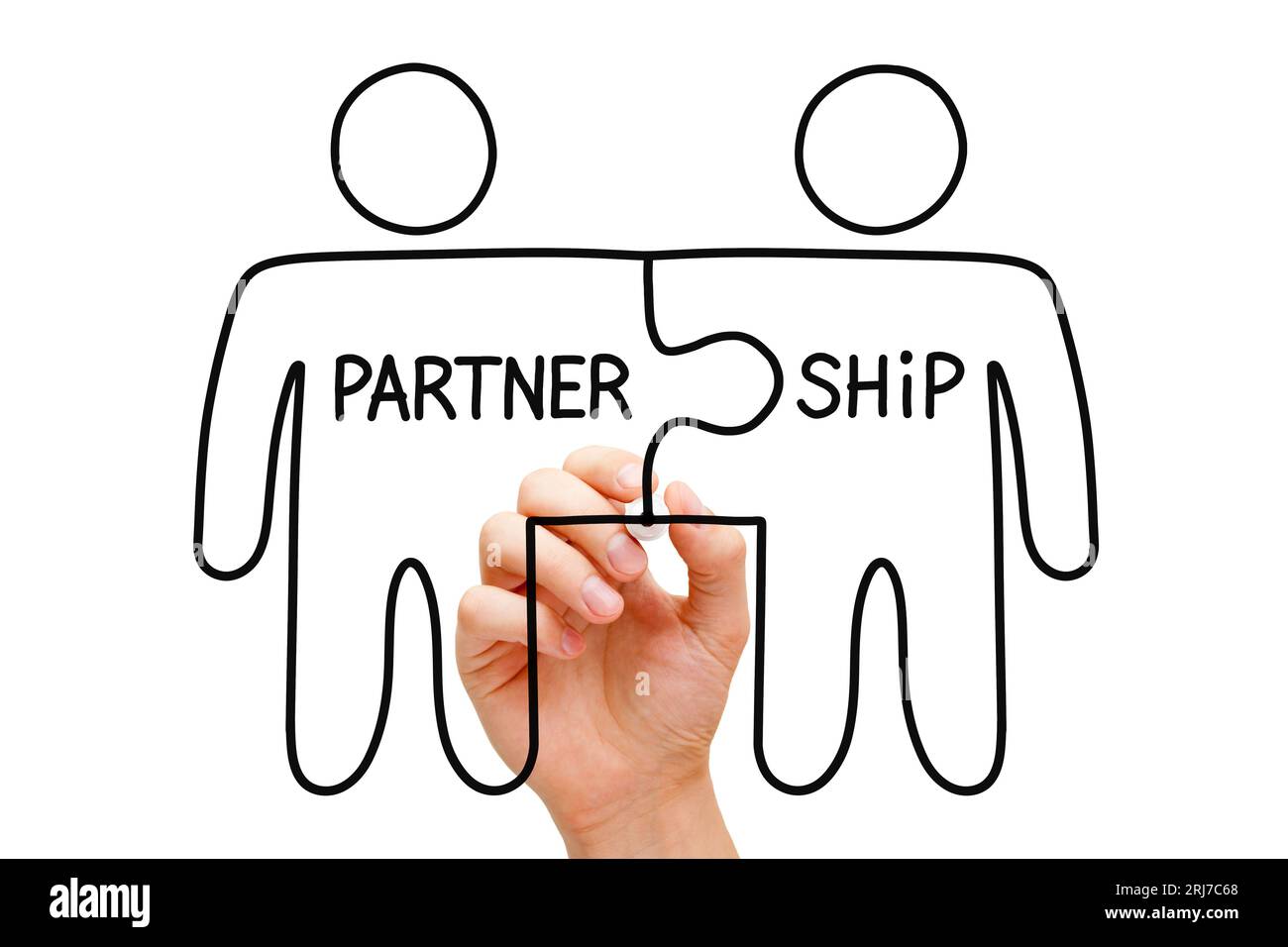 Handzeichnung zwei Figuren Puzzle mit Marker auf transparentem Wischbrett. Geschäftskonzept über Partnerschaft, Teamarbeit, Zusammenarbeit oder Zusammenarbeit Stockfoto