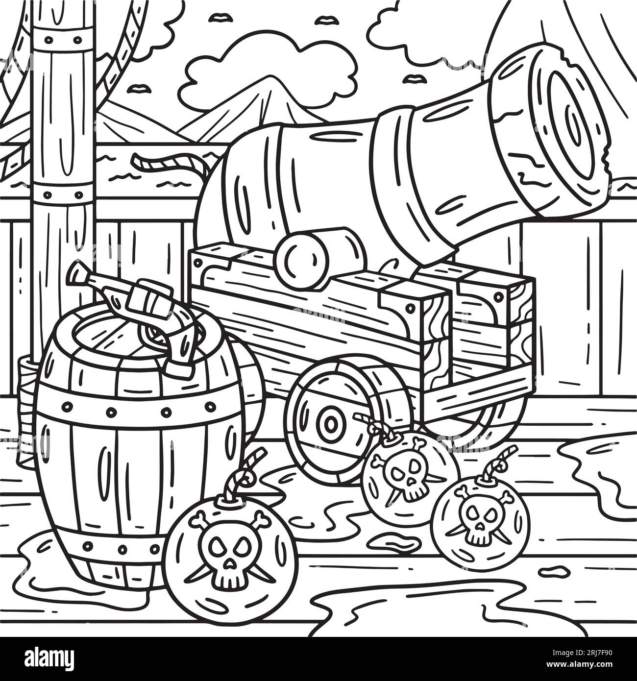 Piratenkanone und Fässer Malseite für Kinder Stock Vektor