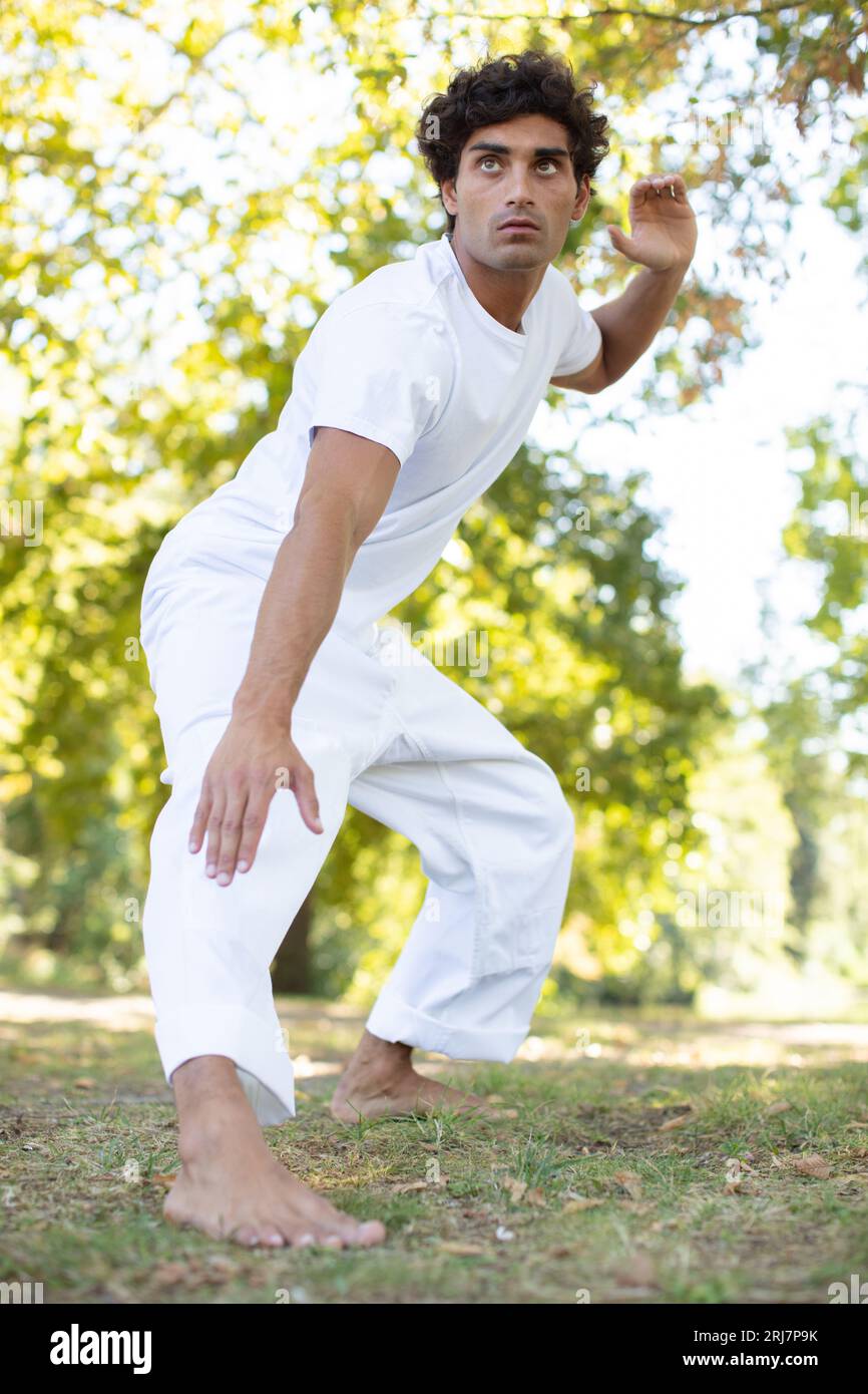 asiatischer gesunder Mann mit Tai-Chi-Pose Stockfoto
