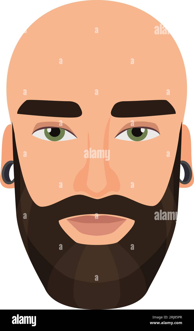 Glatzbärtiger Mann. Hipster männlicher Kopf, Mann trägt Ohrring Vektor isolierte Illustration Stock Vektor