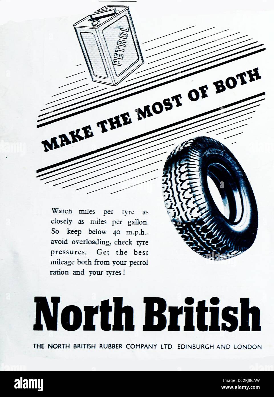 Eine Kriegsanzeige 1945 für nordbritische Reifen. Die North British Rubber Company wurde 1857 gegründet und beschäftigte 600 Mitarbeiter in Edinburgh, Schottland. Dem Unternehmen wird die Erfindung des abnehmbaren Luftreifens zugeschrieben. Das Patent wurde später an die Dunlop Tyre Company verkauft. Während des Zweiten Weltkriegs produzierten sie auch Reifen für Militärfahrzeuge und Gasmasken, 1966 wurde das Unternehmen von Uniroyal gekauft, das die Produktion anderswo in Schottland verlagerte. Stockfoto
