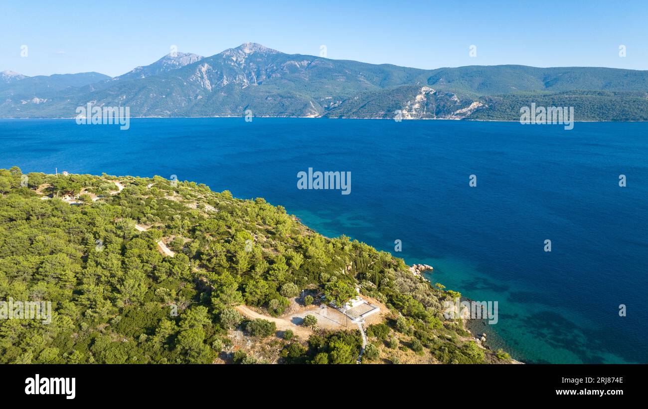 Luftbild der Mycale-Meerenge zwischen Griechenland und der Türkei Stockfoto