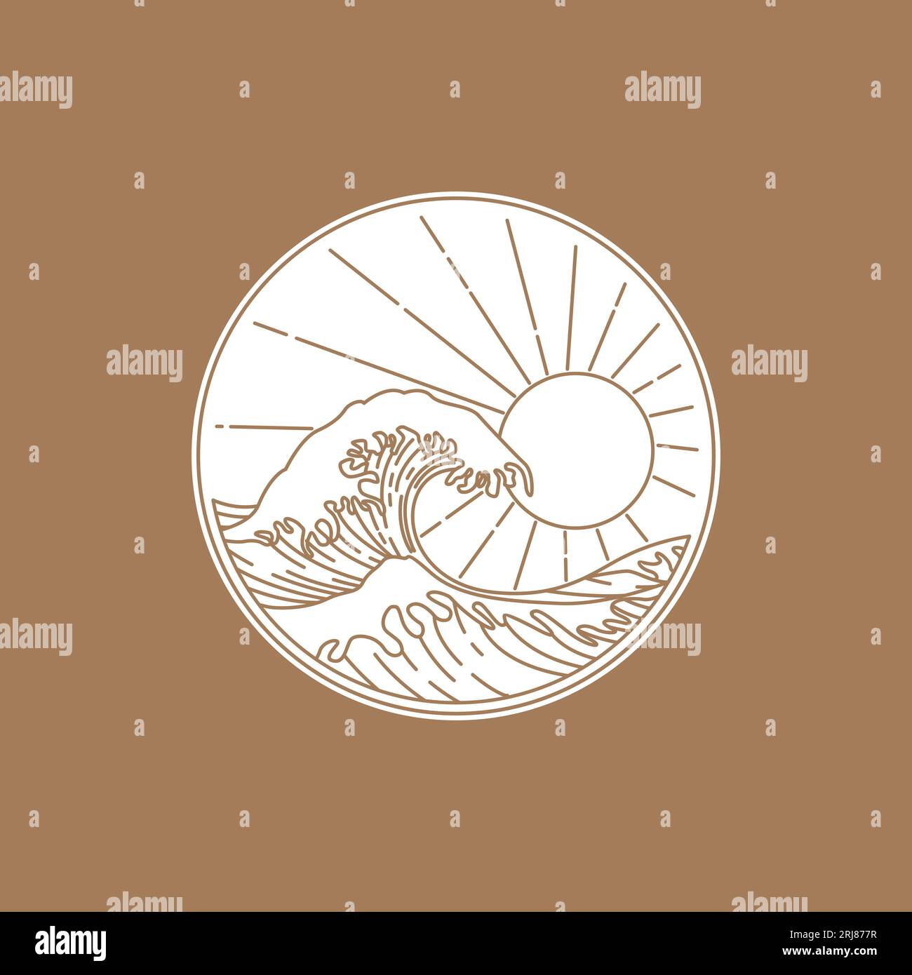 Große Meereswellen in der Sommerillustration, abgerundete Meereslandschaft mit Wellen- und Sonnenlogo Stock Vektor