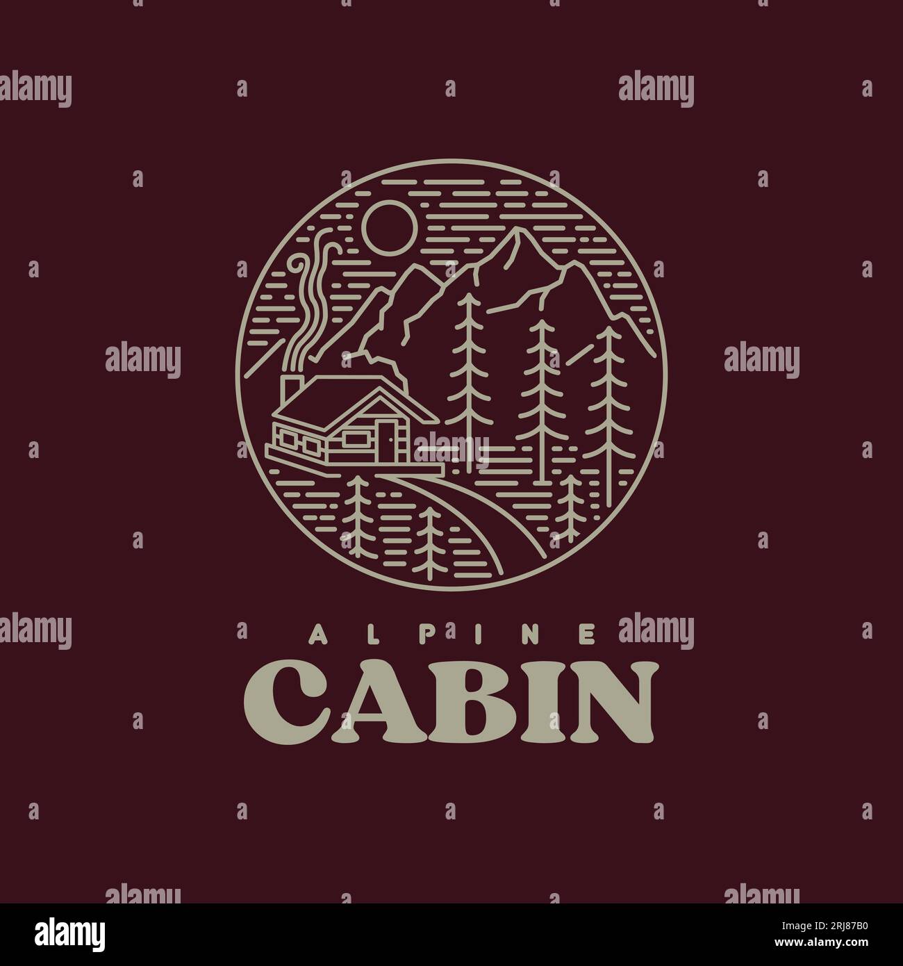 Holzhütte im Wald, Hügel in der ruhigen Nacht. Logo-Vektor im Strichstil Stock Vektor