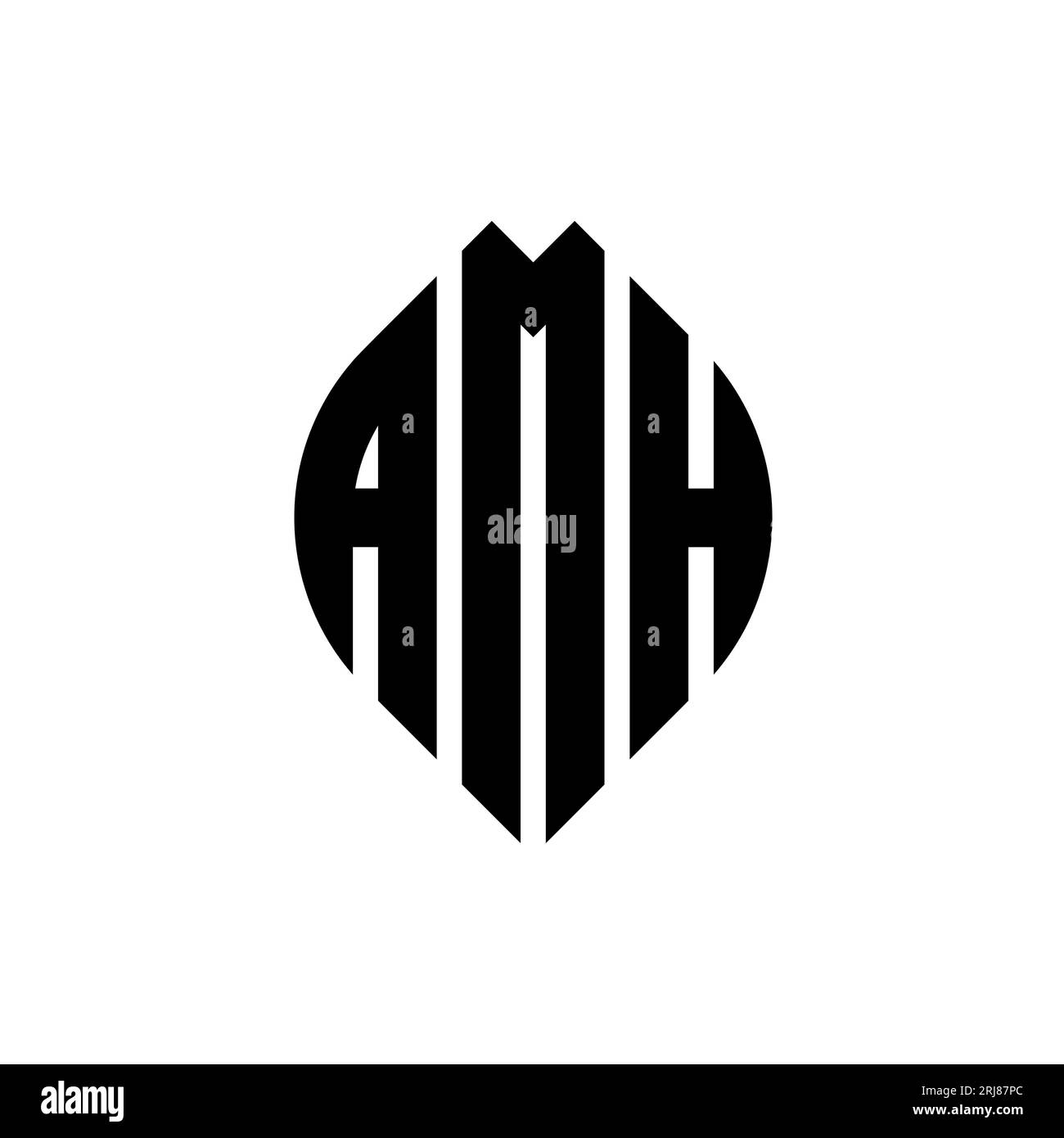 AMH-Logo mit kreisförmigem Buchstaben und Ellipsenform. AMH-Ellipsenbuchstaben im typografischen Stil. Die drei Initialen bilden ein kreisförmiges Logo. AMH CI Stock Vektor