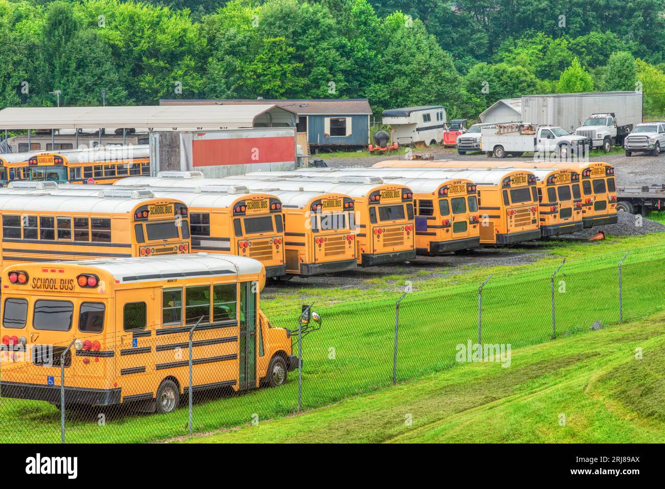 Horizontale Aufnahme von Schulbussen in einem Schulbuslager. Stockfoto