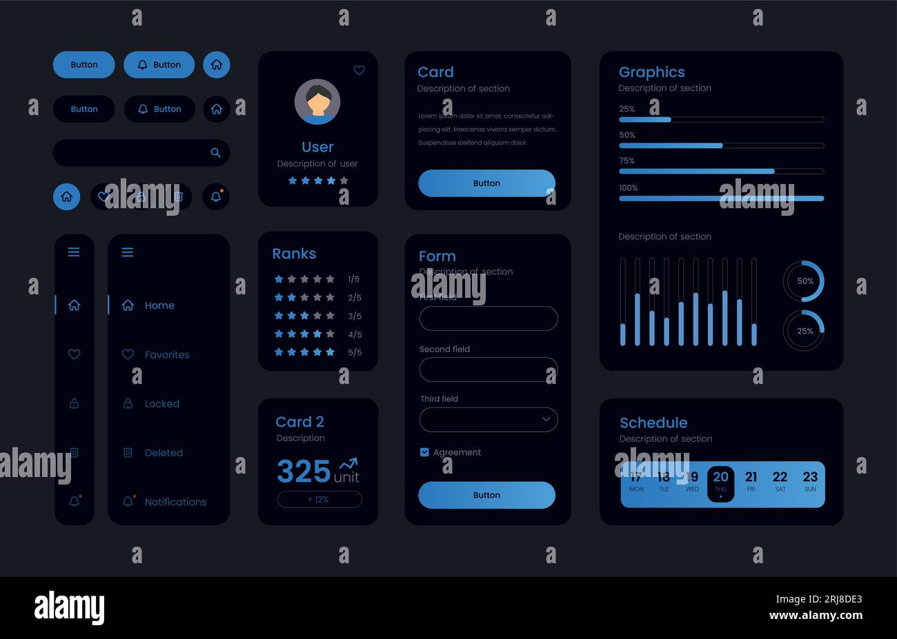 Dunkle Sammlung von verlaufsui-ux-Elementen. Vorlage für Benutzerbereich des UX-Dashboards. Stock Vektor