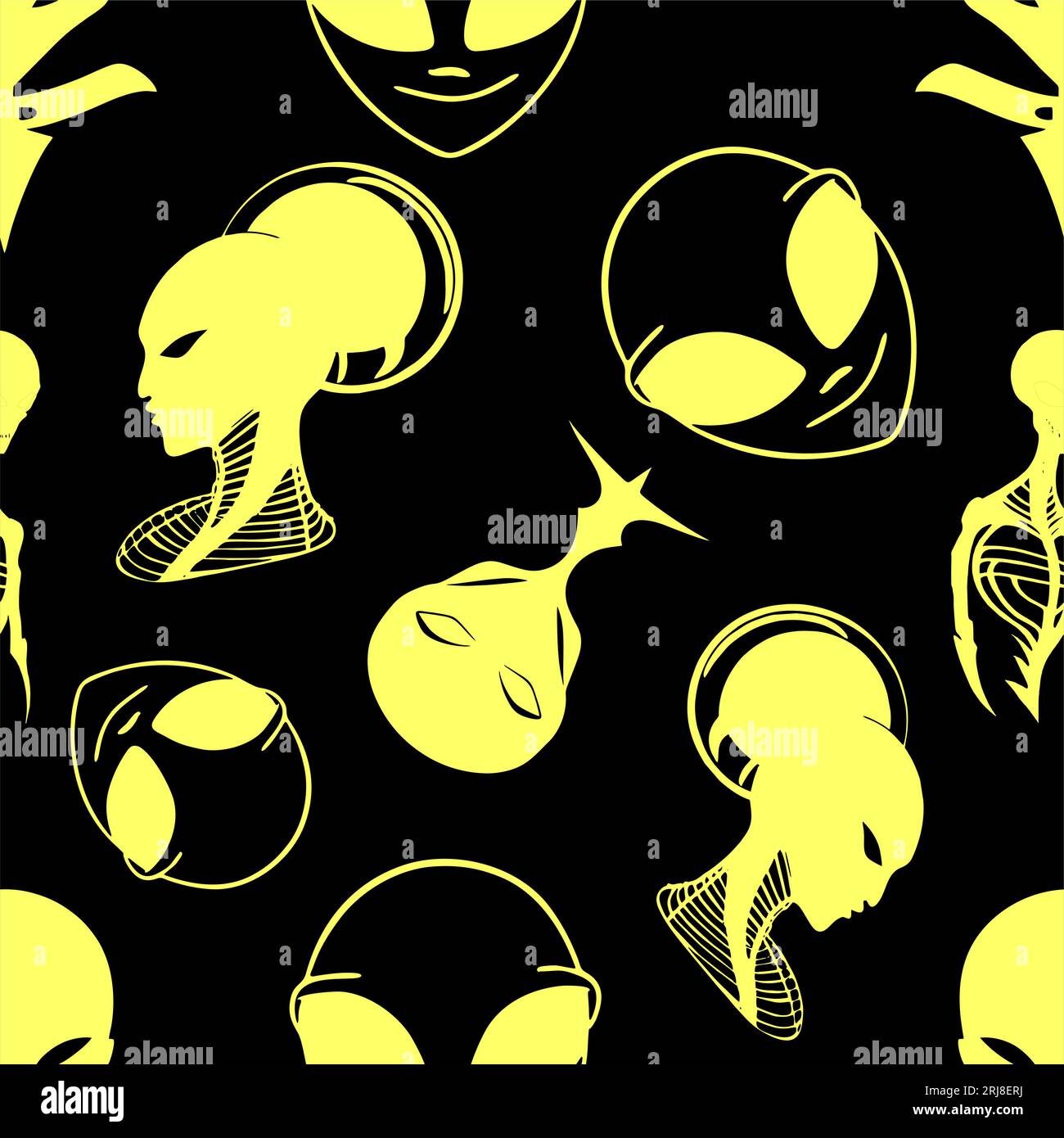 Nahtloses Muster gelber Grafik-Aliens auf schwarzem Hintergrund, Textur, Design Stockfoto