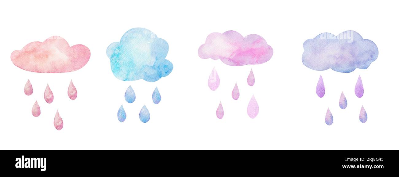 Aquarell-Illustration eines süßen Sets von rosa, blauen und lilafarbenen Wolken mit Regentropfen. Isoliertes Clipart im Kinderstil für Produktdesign, Kinder Stockfoto