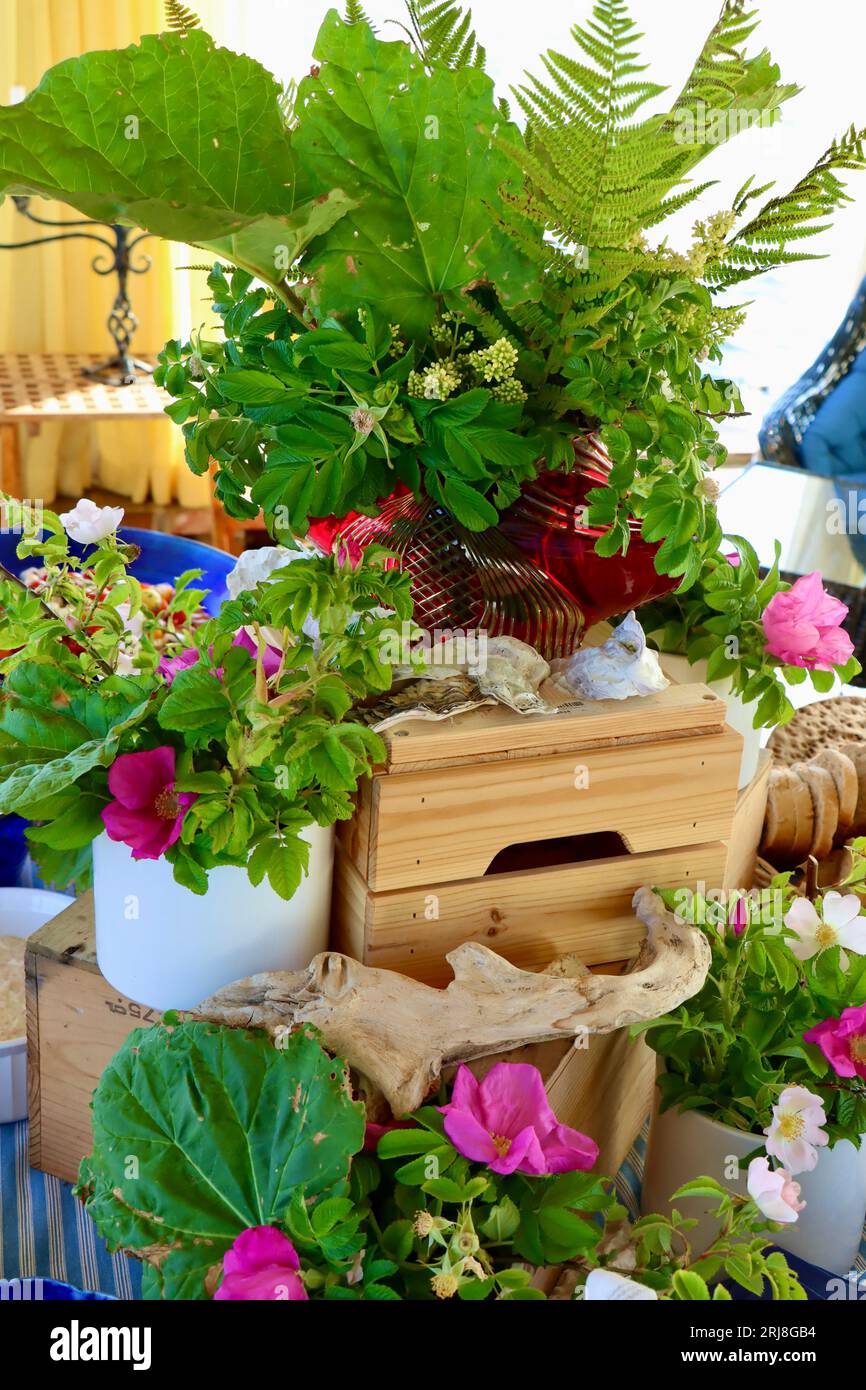 Ein fantasievolles Buffet mit wilden Rosen, wilden Blumen, Rhabarber, Farn, Treibholz und Muscheln auf Holzkisten Stockfoto