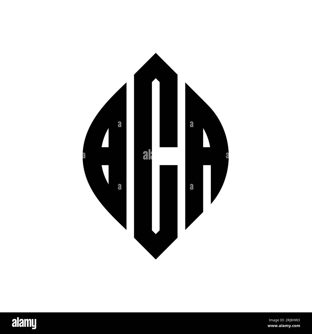 BCA kreisförmiges Logo mit Kreis- und Ellipsenform. BCA-Ellipsenbuchstaben im typografischen Stil. Die drei Initialen bilden ein kreisförmiges Logo. BCA CI Stock Vektor