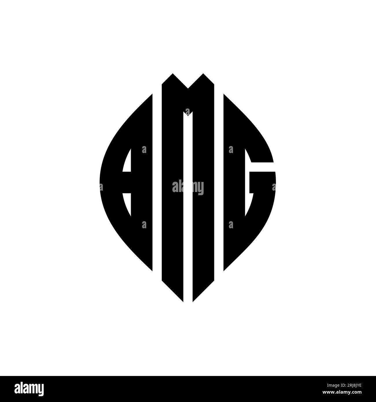 BMG-kreisförmiges Logo mit Kreis- und Ellipsenform. BMG-Ellipsenbuchstaben im typografischen Stil. Die drei Initialen bilden ein kreisförmiges Logo. BMG CI Stock Vektor