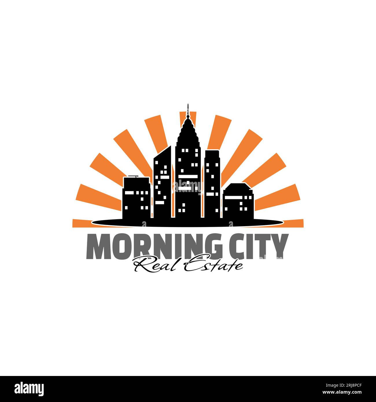 Urbane Silhouette mit „Morning Sun Shining Behind IT“-Logo-Design Stock Vektor