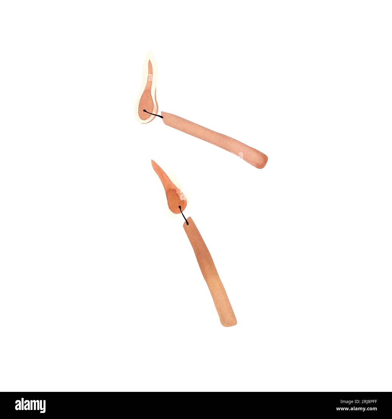 Brennende Streichhölzer. Kamin, Lagerfeuer, Kerze oder Streichhölzer. Rasteraquarell isolierte handgezeichnete Illustration auf weißem Hintergrund Stockfoto