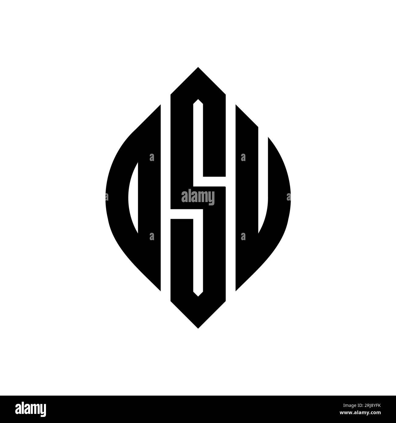 DSU-Logo mit kreisförmigem Buchstaben, Kreis- und Ellipsenform. DSU-Ellipsenbuchstaben im typografischen Stil. Die drei Initialen bilden ein kreisförmiges Logo. DSU-CI Stock Vektor