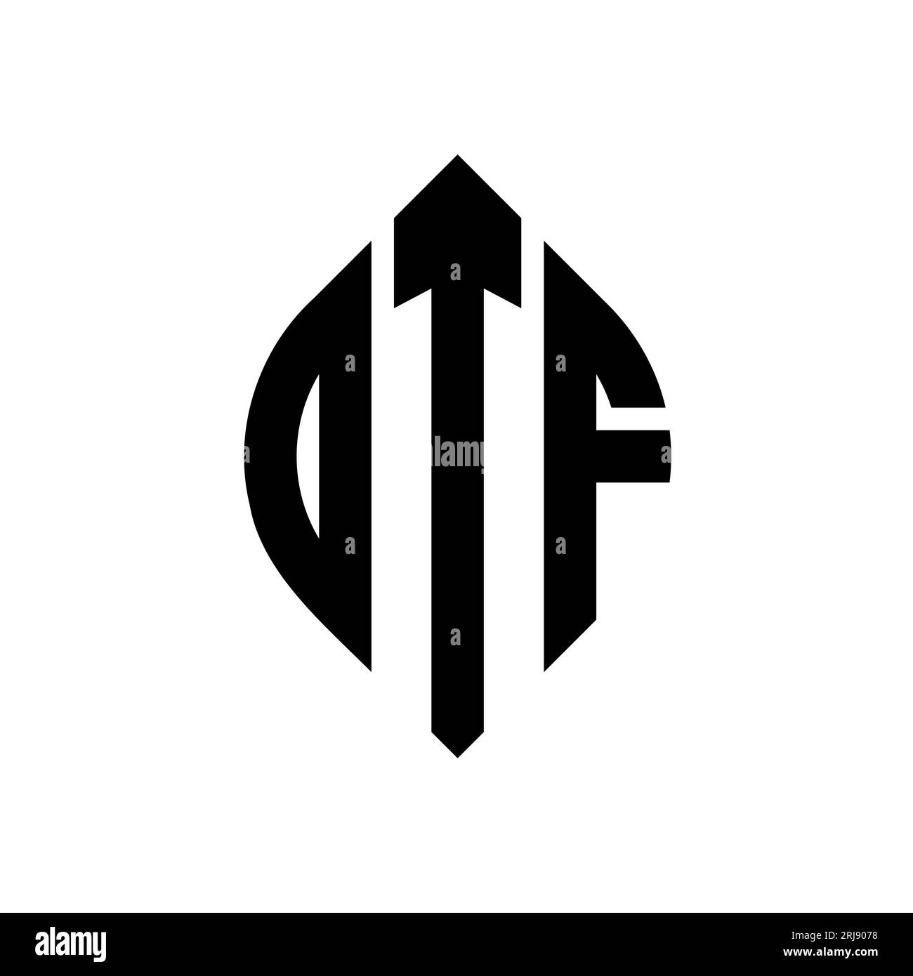 DTF-kreisförmiges Logo mit Kreis- und Ellipsenform. DTF-Ellipsenbuchstaben im typografischen Stil. Die drei Initialen bilden ein kreisförmiges Logo. DTF CI Stock Vektor