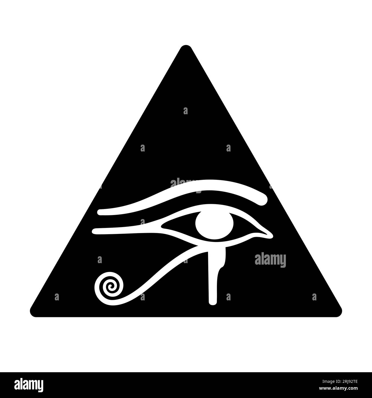 Das Auge des Horus in einem schwarzen Dreieck. Altägyptisches Symbol für Schutz, königliche Macht und gute Gesundheit, personifiziert in Göttin Wadjet. Alles Sehendes Auge. Stockfoto