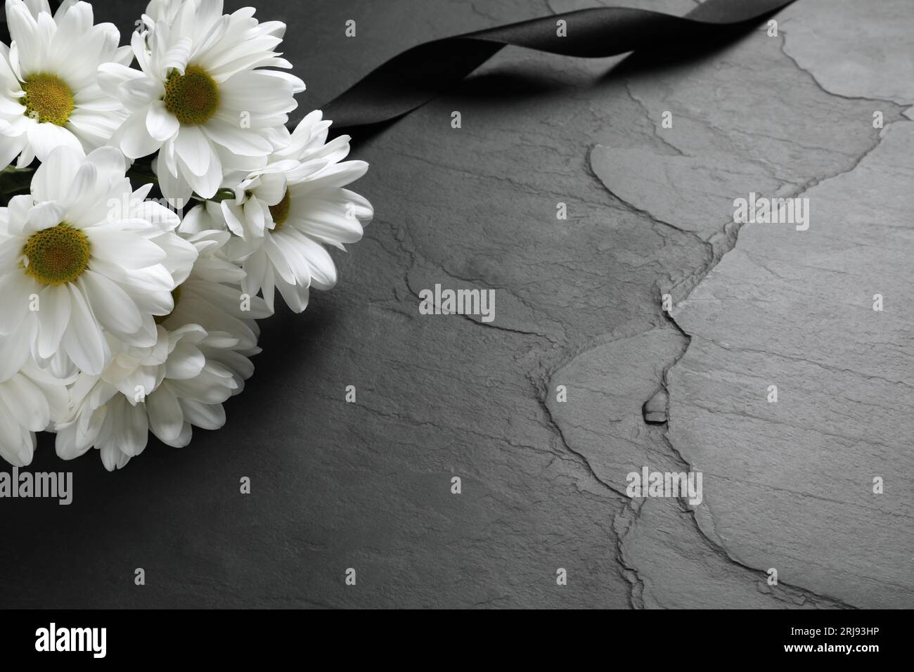 Weiße Chrysanthemenblumen und Band auf schwarzem Tisch, Nahaufnahme mit Platz für Text. Beerdigungssymbole Stockfoto