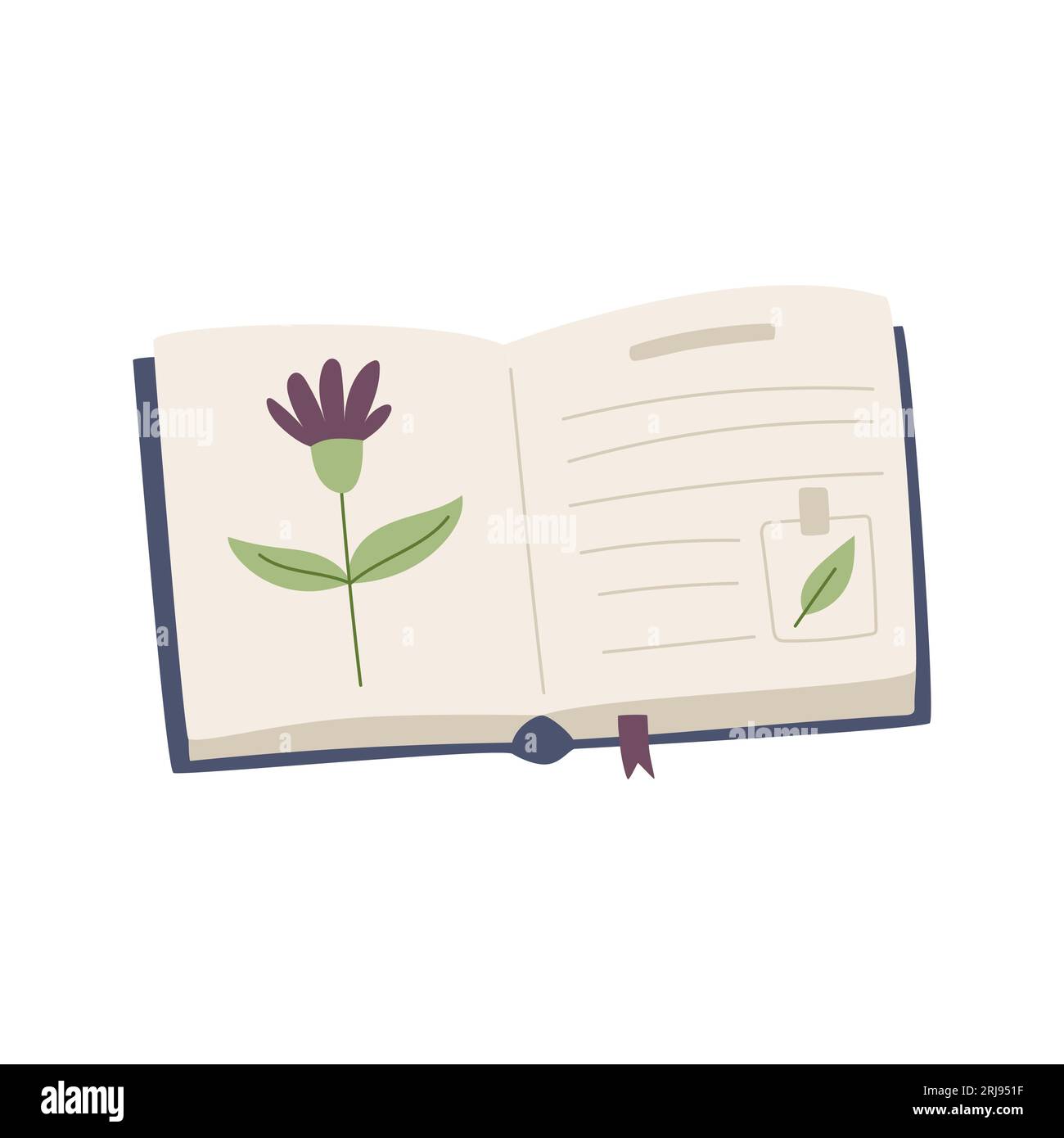 Ein offenes Buch, Herbarium mit Blume, Aufkleber und Lesezeichen. Enzyklopädie mit Botanik. Flaches dekoratives Element des Zeichentrickvektors, isoliert auf einem weißen b Stock Vektor