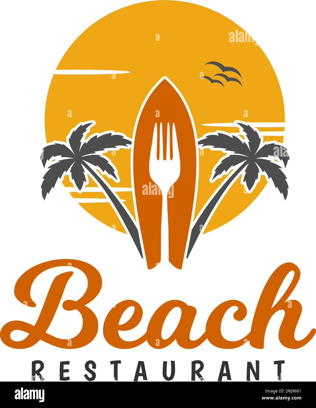 Surf Board, Fork und Palm for Beach Restaurant Logo, Resort Logo Design Stock Vektor