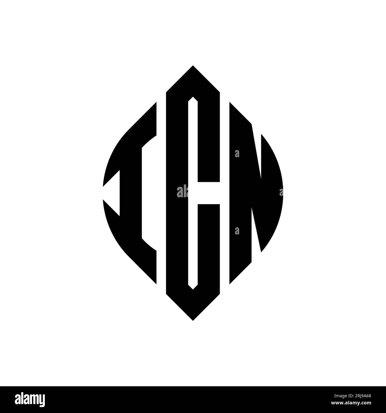 ICN-Logo mit kreisförmigem Buchstaben und Ellipsenform. ICN-Ellipsenbuchstaben im typografischen Stil. Die drei Initialen bilden ein kreisförmiges Logo. ICN-CI Stock Vektor