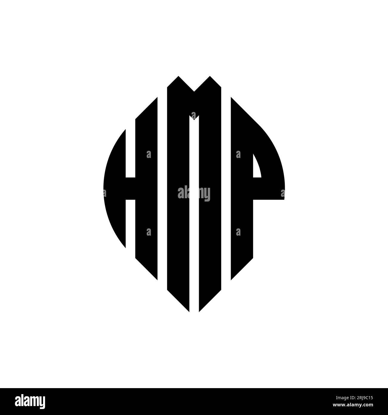 HMP-Logodesign mit kreisförmigem Buchstaben und Ellipsenform. HMP-Ellipsenbuchstaben im typografischen Stil. Die drei Initialen bilden ein kreisförmiges Logo. HMP-CI Stock Vektor