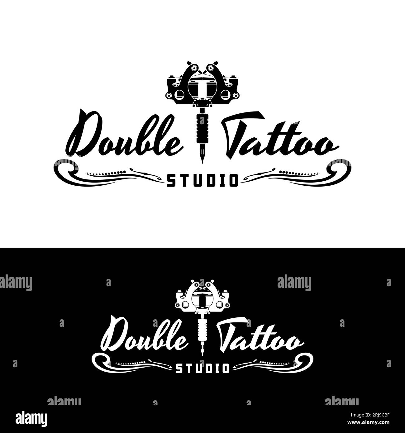 Doppel-Tattoo-Typografie Mit Tattoo-Maschine Für Tattoo Studio Company Logo Stock Vektor