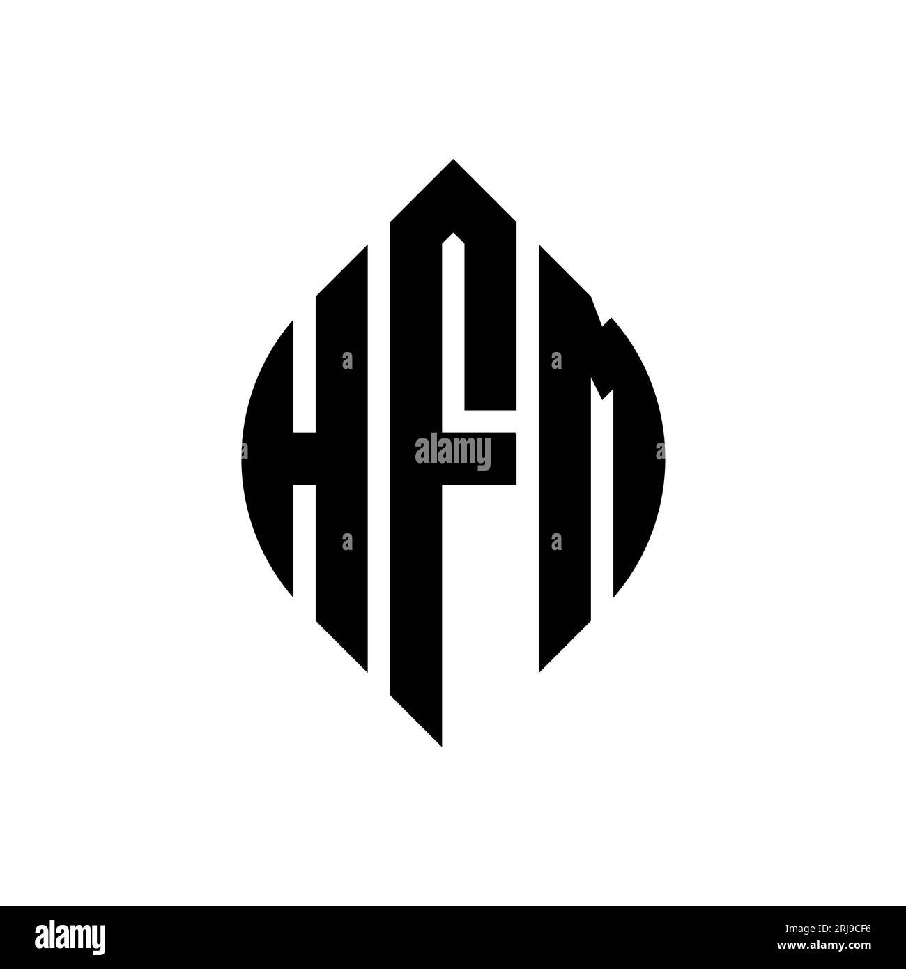 HFM kreisförmiges Logo mit Kreis- und Ellipsenform. HFM-Ellipsenbuchstaben im typografischen Stil. Die drei Initialen bilden ein kreisförmiges Logo. HFM CI Stock Vektor