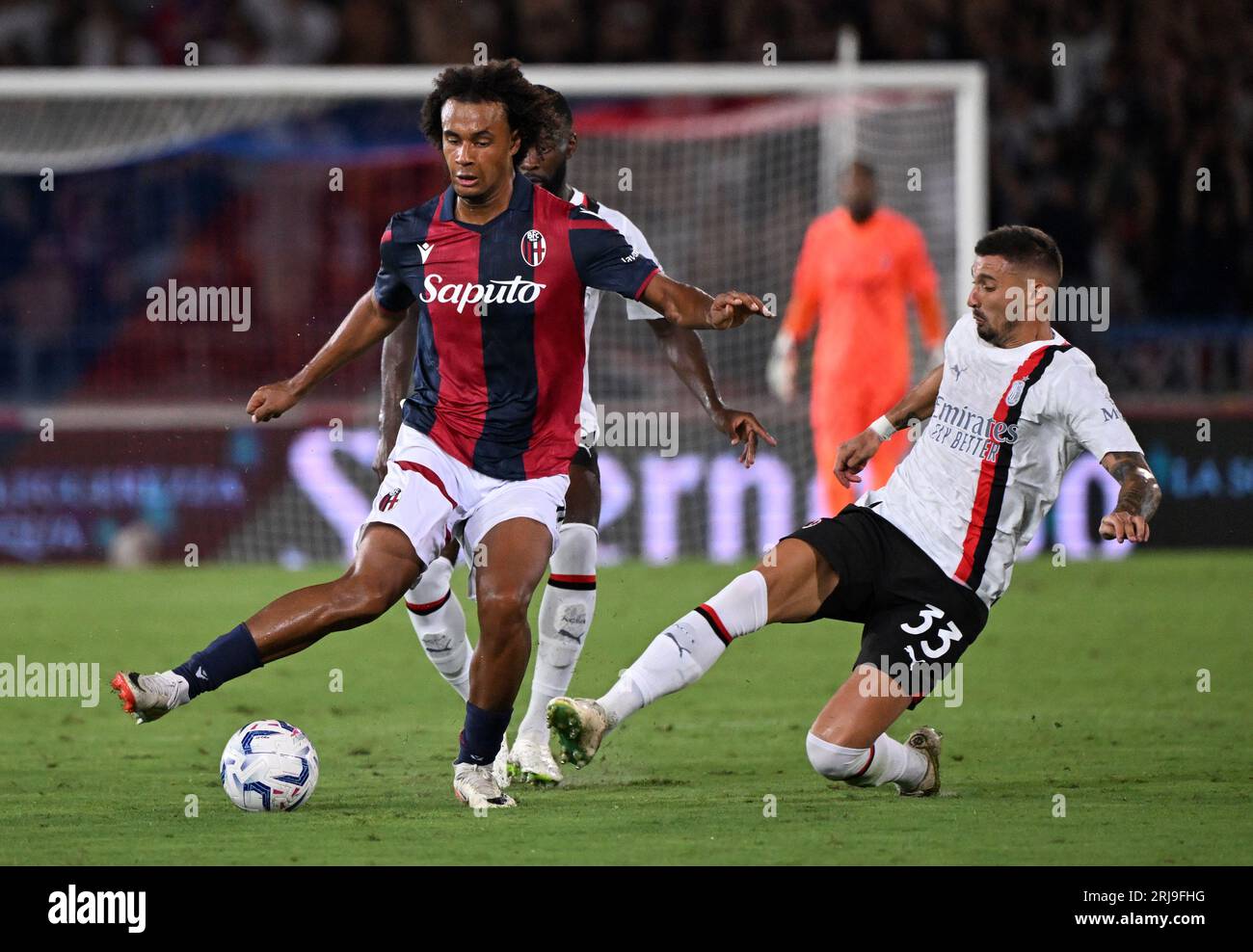 Bologna. August 2023. Bolognas Joshua Zirkzee (L) tritt am 21. August 2023 bei einem Fußballspiel der Serie A zwischen Bologna und dem AC Mailand in Bologna (Italien) an. Credit: Alberto Lingria/Xinhua/Alamy Live News Stockfoto