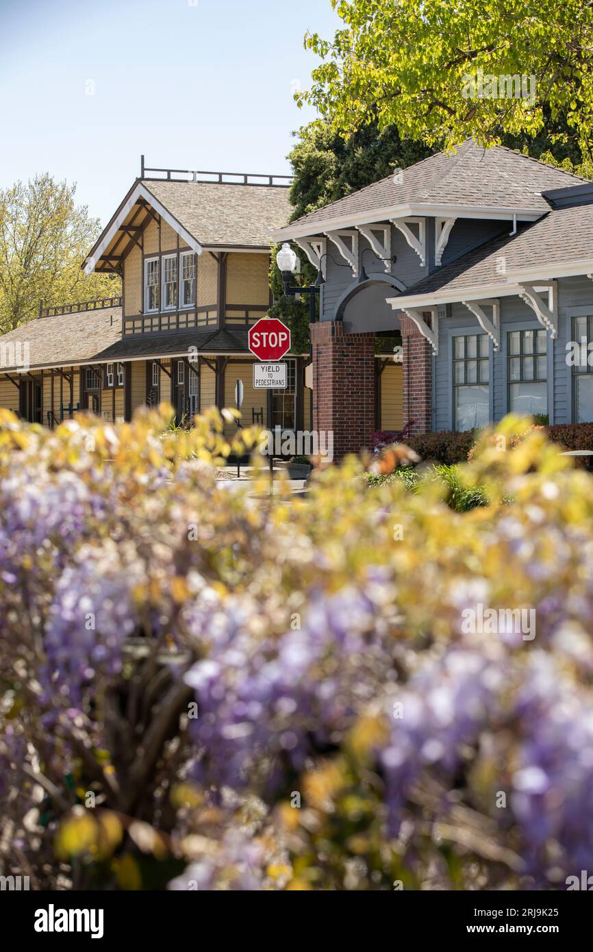 Die Nachmittagssonne scheint im historischen Stadtkern von Danville, Kalifornien, USA. Stockfoto