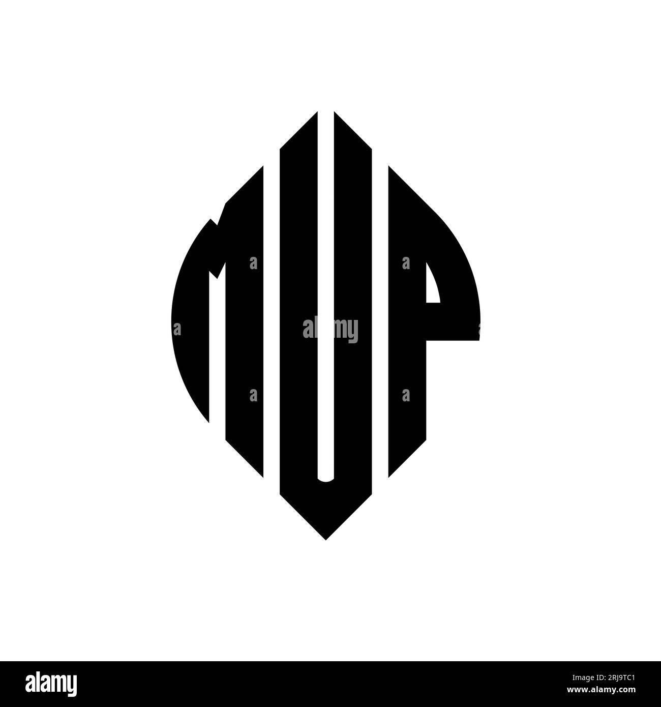 MUP-Logo mit kreisförmigem Buchstaben, Kreis- und Ellipsenform. MUP-Ellipsenbuchstaben im typografischen Stil. Die drei Initialen bilden ein kreisförmiges Logo. MUP CI Stock Vektor