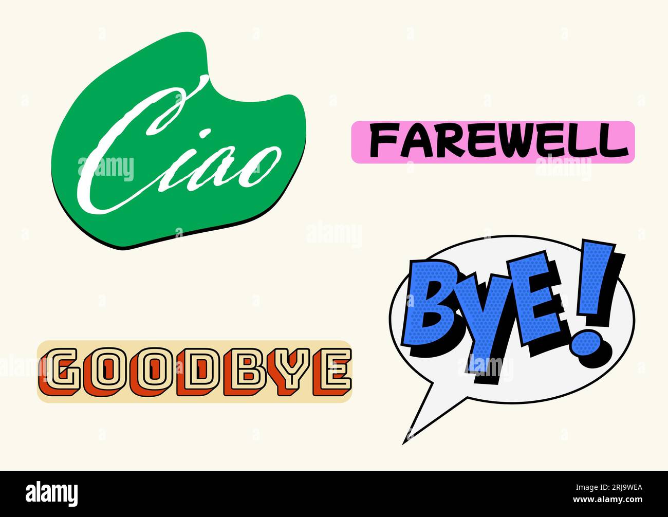 Illustration von farbigem Abschiedstext, Ciao-, Tschüss- und Tschüsstext auf weißem Hintergrund, Kopierraum Stockfoto